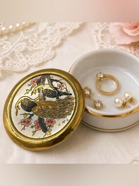 The Art of Chokin Trinket Jewelry Box Peacock Bird 24K Gold Edged Japan Etched